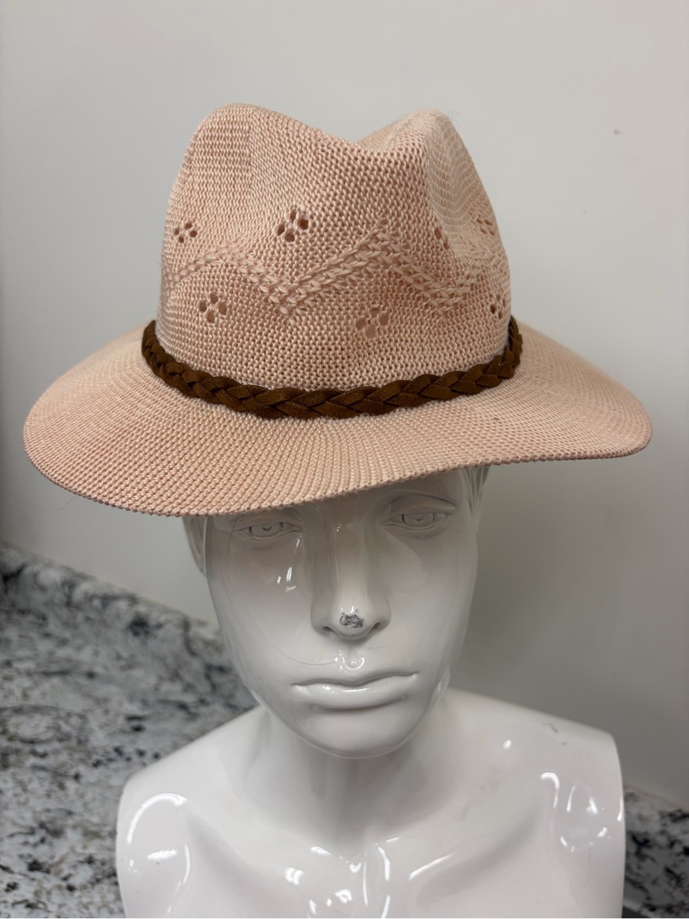 Barbour Pale Pink Knit Fedora with Braided Brown Band